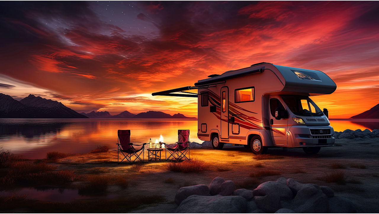 Motorhome at sunset, chairs by a campfire near a lake.